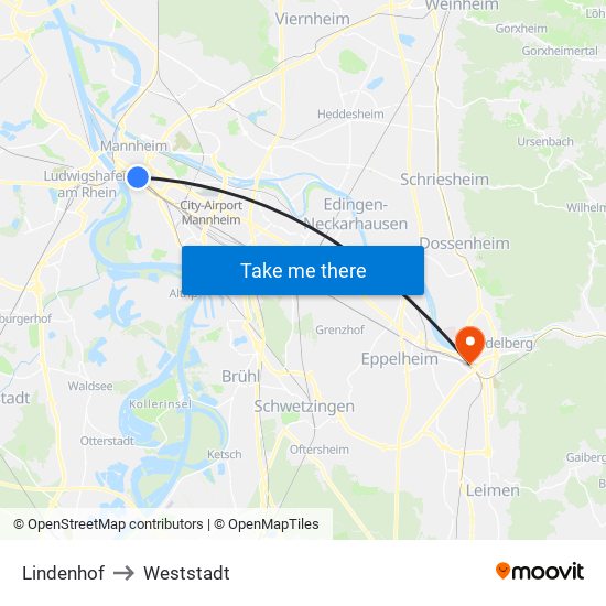 Lindenhof to Weststadt map