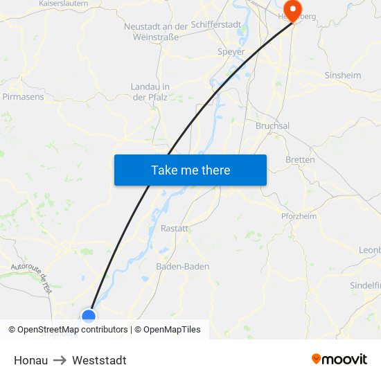 Honau to Weststadt map