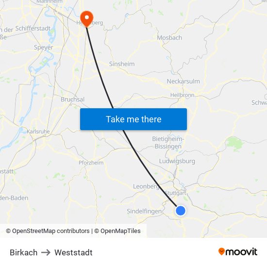 Birkach to Weststadt map