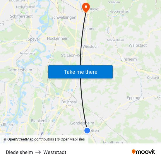 Diedelsheim to Weststadt map