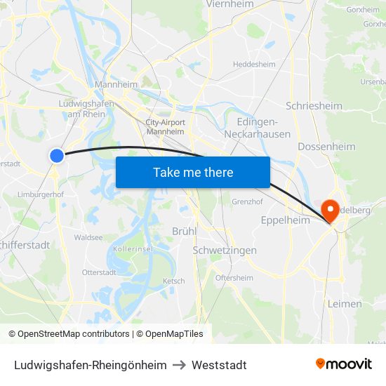 Ludwigshafen-Rheingönheim to Weststadt map