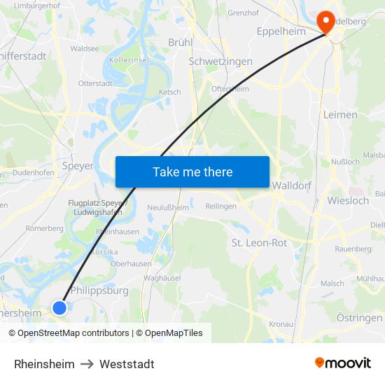 Rheinsheim to Weststadt map