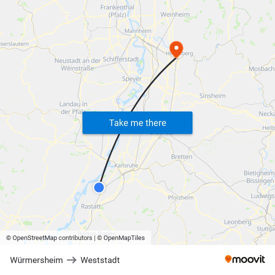 Würmersheim to Weststadt map