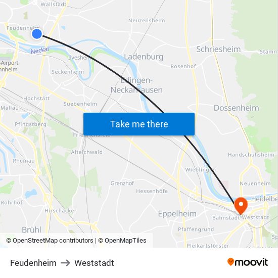 Feudenheim to Weststadt map