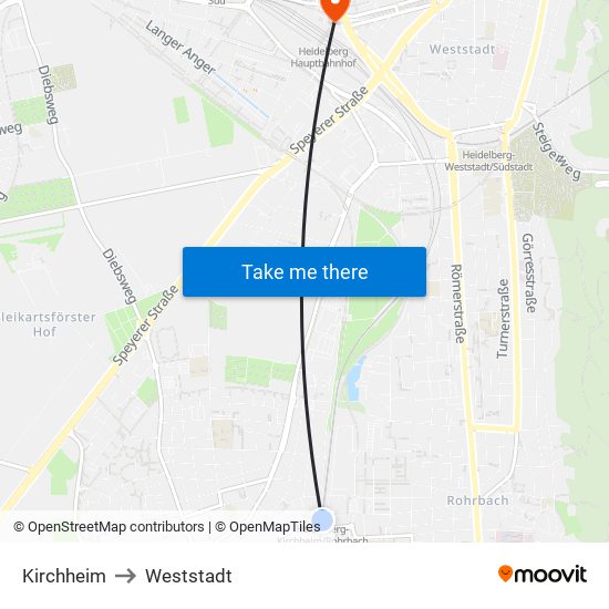 Kirchheim to Weststadt map