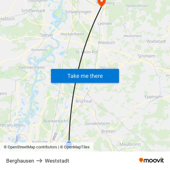 Berghausen to Weststadt map