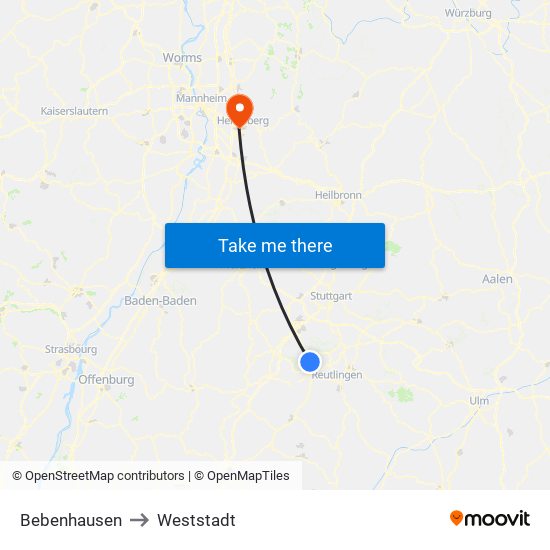 Bebenhausen to Weststadt map