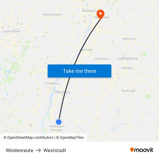 Windenreute to Weststadt map