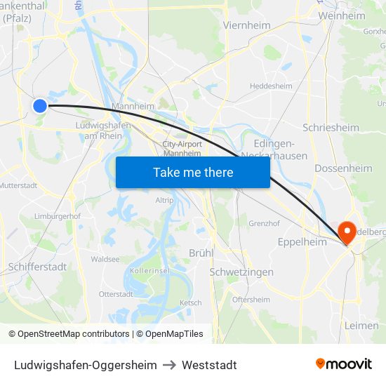 Ludwigshafen-Oggersheim to Weststadt map