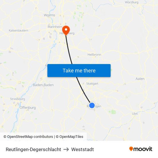 Reutlingen-Degerschlacht to Weststadt map