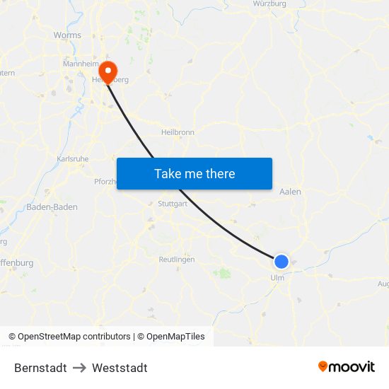 Bernstadt to Weststadt map