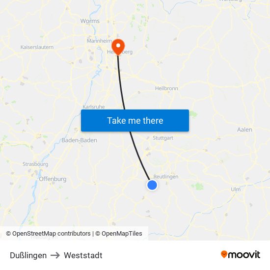 Dußlingen to Weststadt map