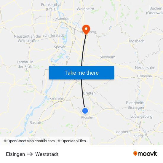 Eisingen to Weststadt map