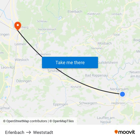 Erlenbach to Weststadt map