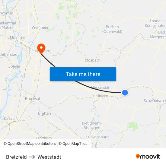 Bretzfeld to Weststadt map