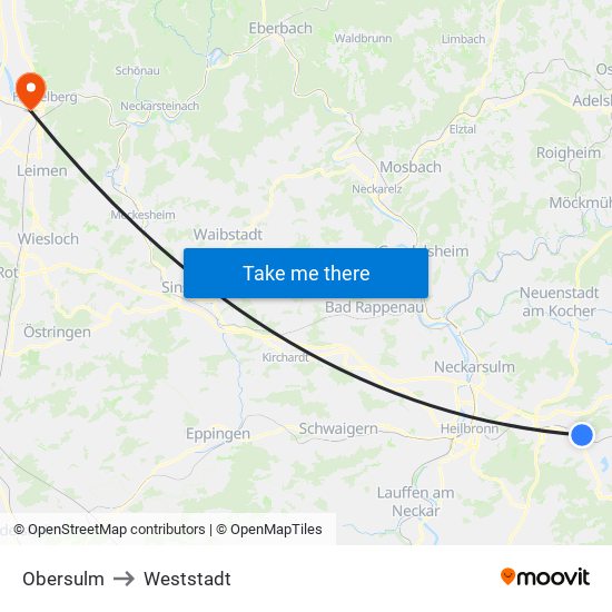 Obersulm to Weststadt map