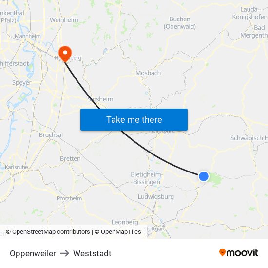 Oppenweiler to Weststadt map