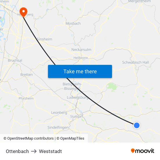 Ottenbach to Weststadt map