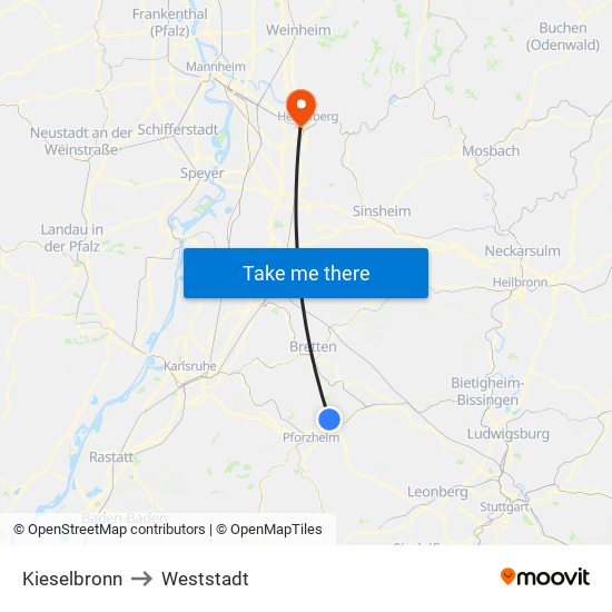 Kieselbronn to Weststadt map