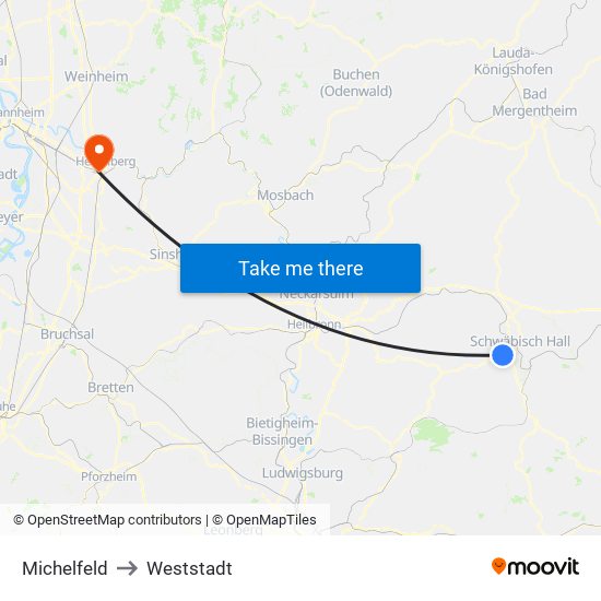 Michelfeld to Weststadt map