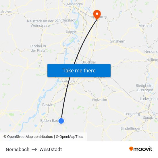 Gernsbach to Weststadt map