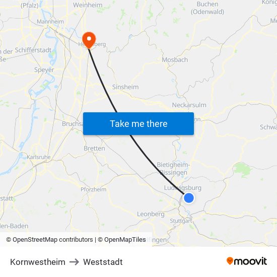 Kornwestheim to Weststadt map