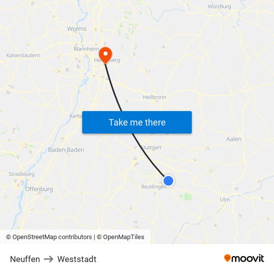 Neuffen to Weststadt map