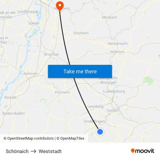 Schönaich to Weststadt map