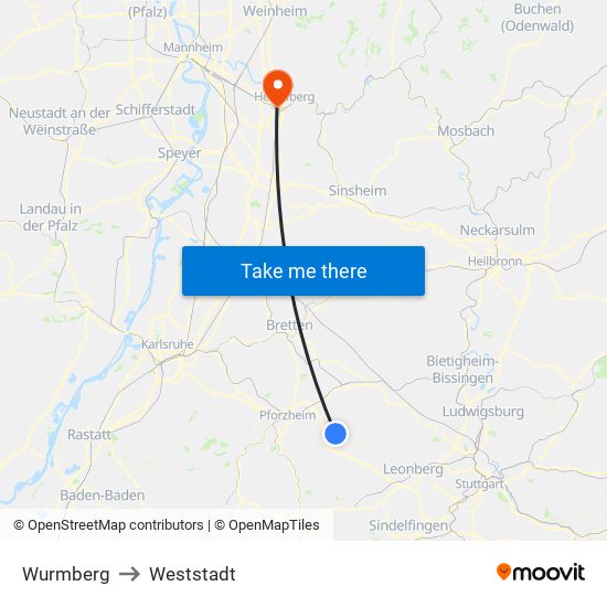 Wurmberg to Weststadt map