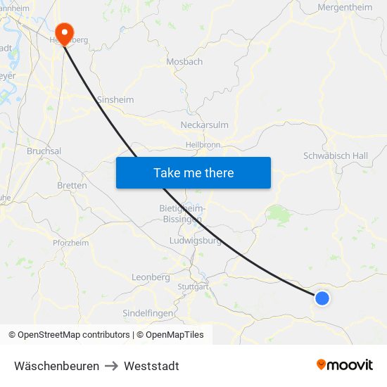 Wäschenbeuren to Weststadt map