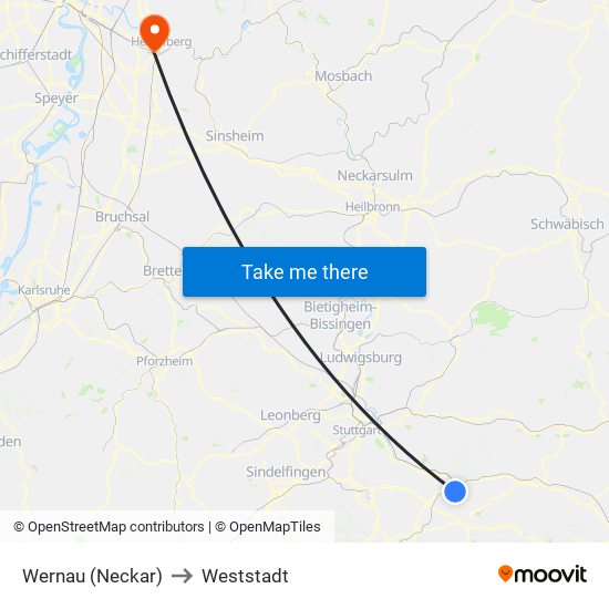 Wernau (Neckar) to Weststadt map