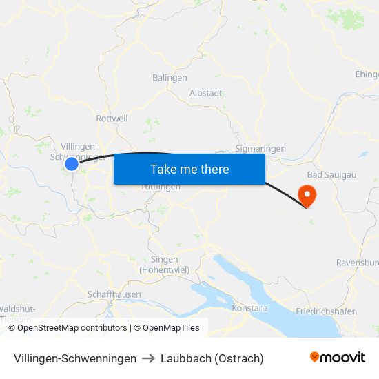 Villingen-Schwenningen to Laubbach (Ostrach) map