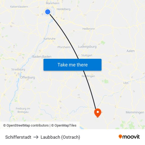 Schifferstadt to Laubbach (Ostrach) map