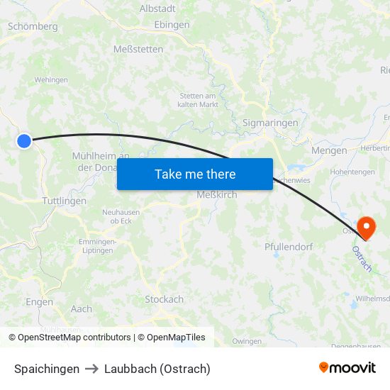 Spaichingen to Laubbach (Ostrach) map