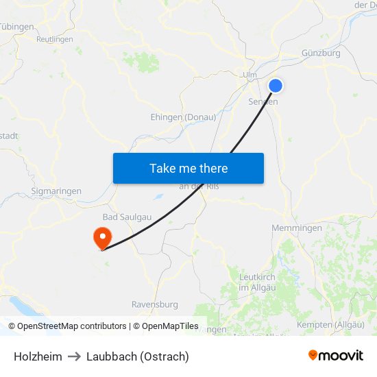 Holzheim to Laubbach (Ostrach) map