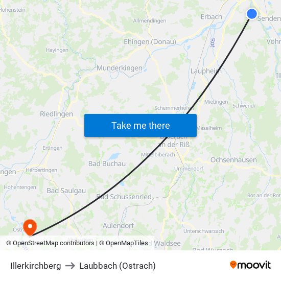 Illerkirchberg to Laubbach (Ostrach) map