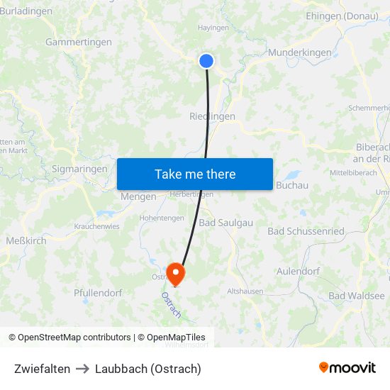 Zwiefalten to Laubbach (Ostrach) map