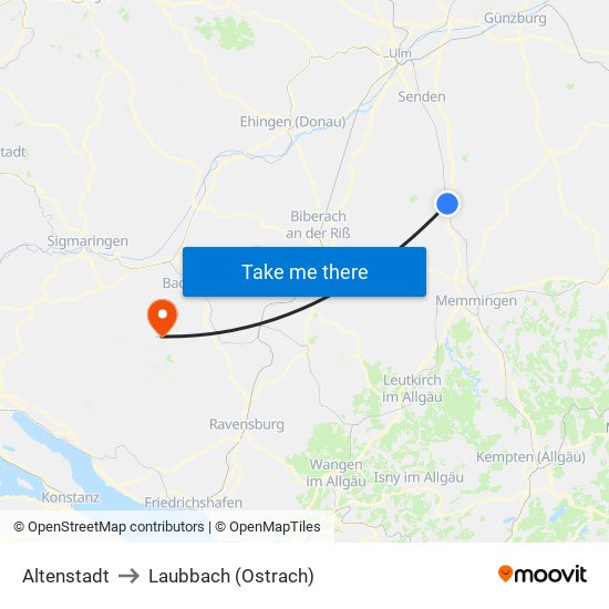 Altenstadt to Laubbach (Ostrach) map