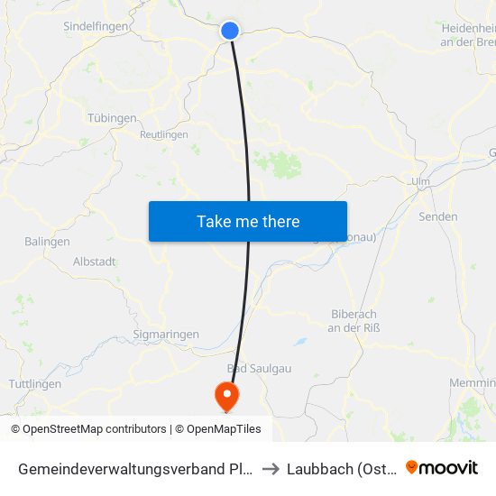 Gemeindeverwaltungsverband Plochingen to Laubbach (Ostrach) map