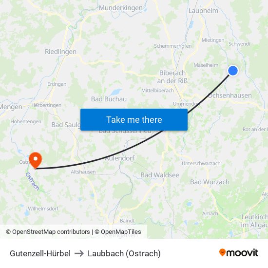 Gutenzell-Hürbel to Laubbach (Ostrach) map