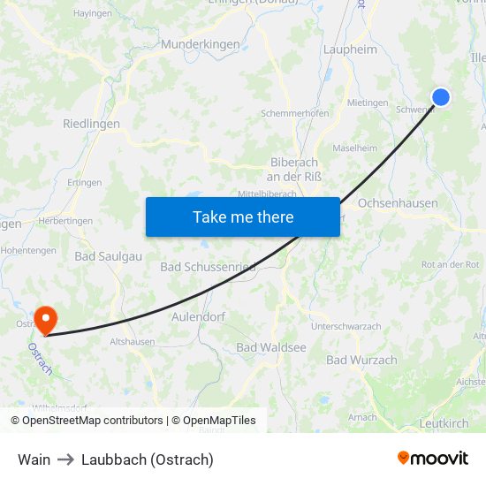 Wain to Laubbach (Ostrach) map