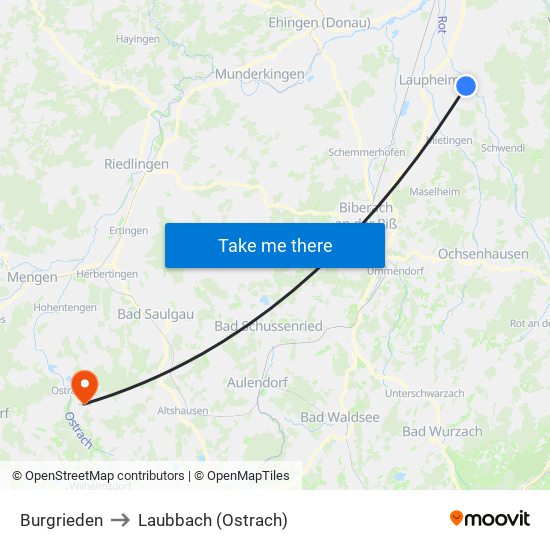 Burgrieden to Laubbach (Ostrach) map