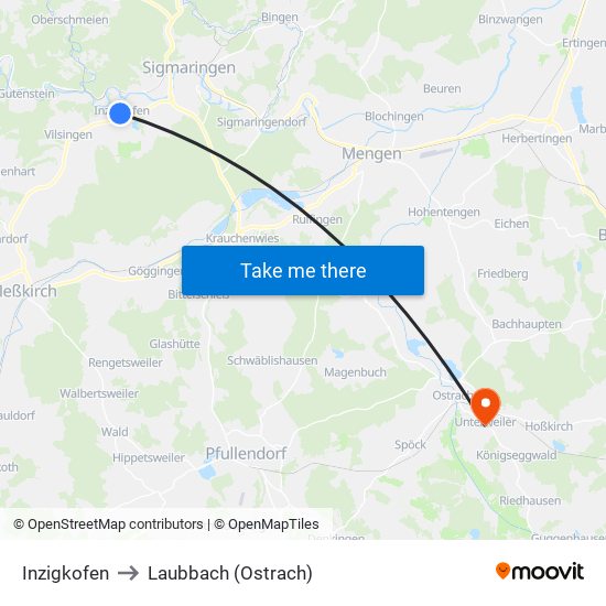 Inzigkofen to Laubbach (Ostrach) map