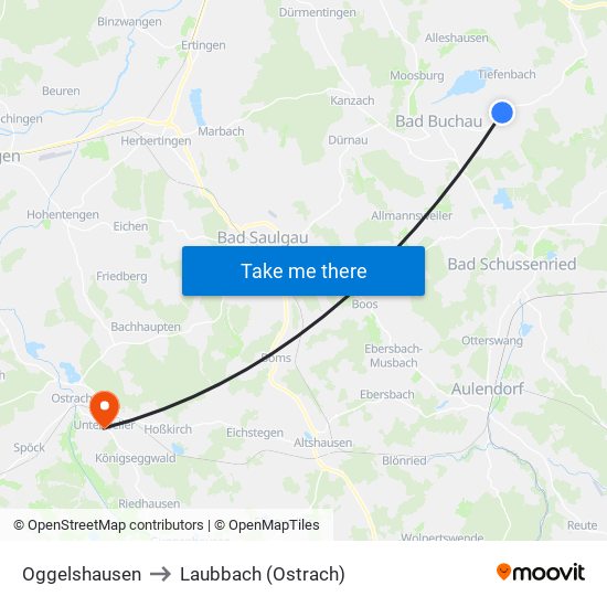 Oggelshausen to Laubbach (Ostrach) map