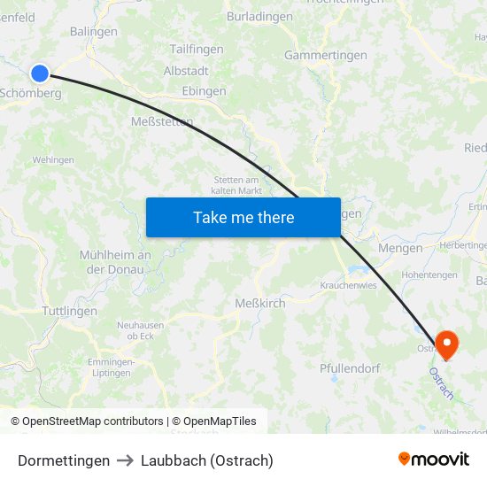 Dormettingen to Laubbach (Ostrach) map