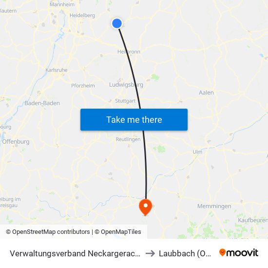 Verwaltungsverband Neckargerach-Waldbrunn to Laubbach (Ostrach) map