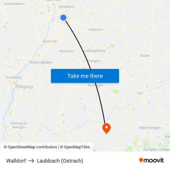 Walldorf to Laubbach (Ostrach) map