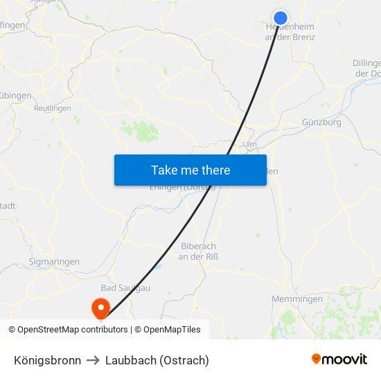 Königsbronn to Laubbach (Ostrach) map