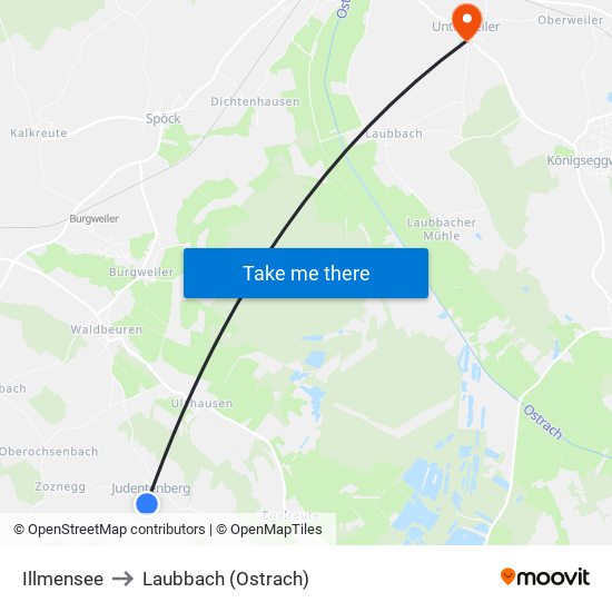 Illmensee to Laubbach (Ostrach) map