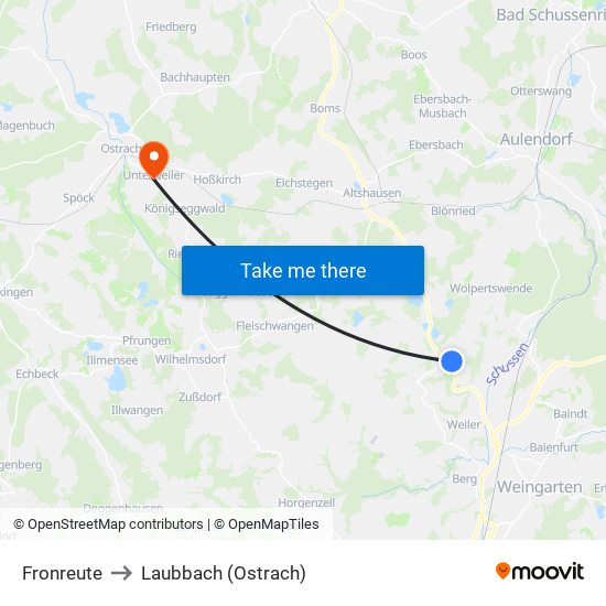 Fronreute to Laubbach (Ostrach) map